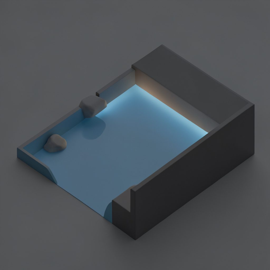 Isometric 3D render of a quiet night scene by a lagoon, deep navy sky, soft moonlight reflections, and calm dark blue water conveying a peaceful evening mood