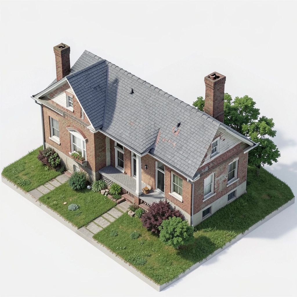 Isometric 3D render of a tidy small house model surrounded by greenery, soft beige and green tones, calm and orderly mood