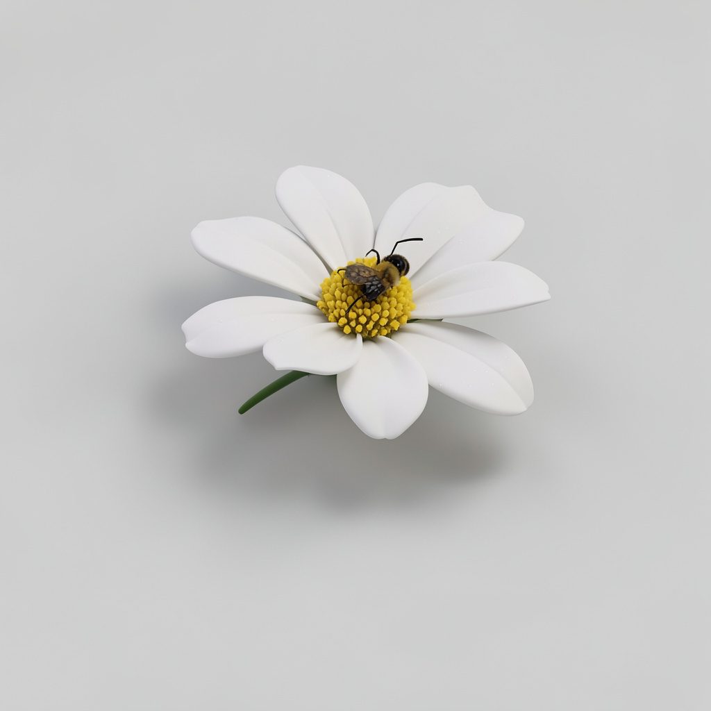 Isometric 3D render of a flower garden with a bee hovering near soft pastel petals, rendered in warm cream, green, and gentle yellow tones with a calm, inviting mood