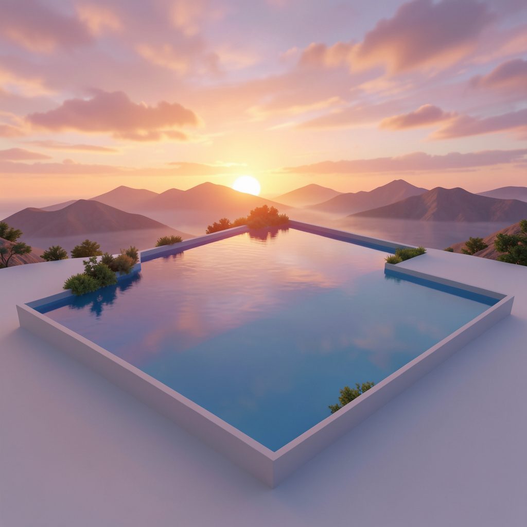 Isometric 3D render of a warm sunset over a calm coastal lagoon, with soft orange, pink, and deep blue tones blending across the sky and water in a tranquil, dreamlike mood
